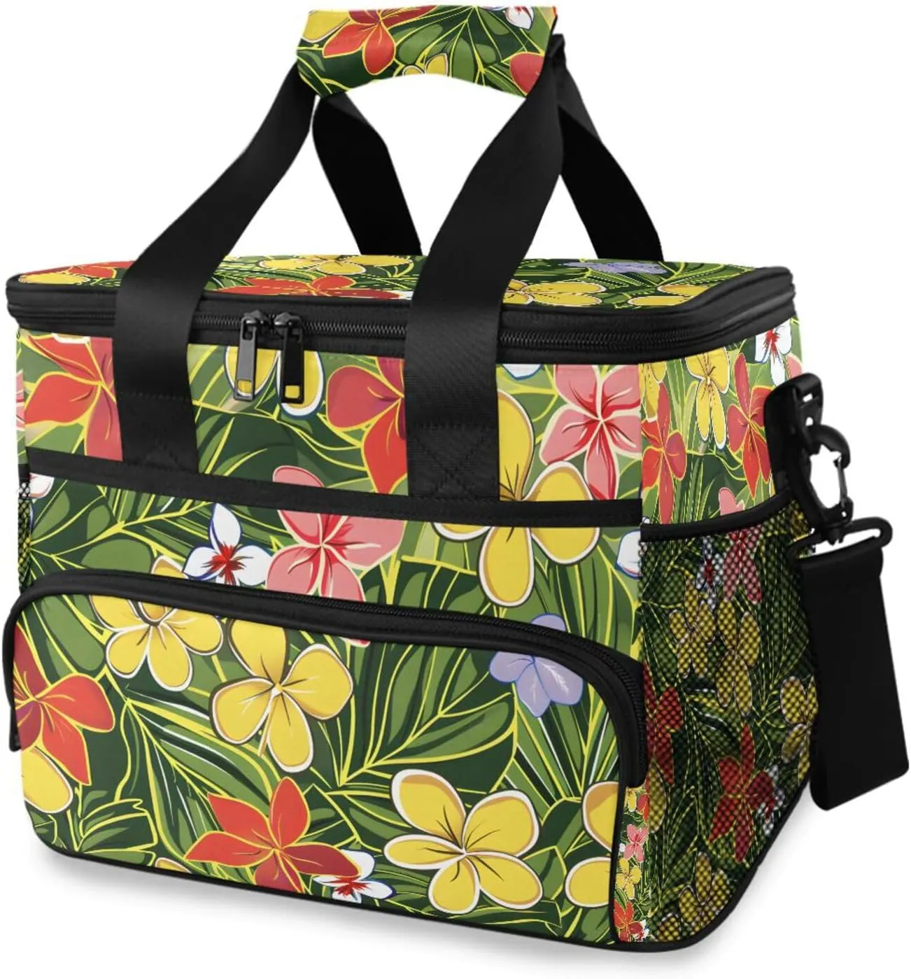 Yellow Flower Palm Leaves Cooler Bag Insulated Cooler Soft Sided Cooler 24 Can Portable Picnic Bag Large Leakproof Lunch Bag Box for Beach Grocery Camping Travel Car Men Women