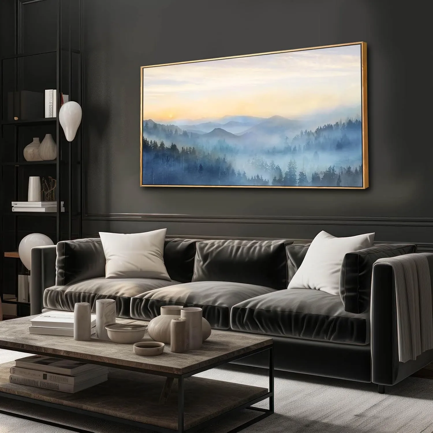 YJYart Canvas Wall Art Misty Forest Gold Wall Decor Nature Painting Modern Artwork for Bedroom Kitchen Office Wall Decorations 24x48 Inch