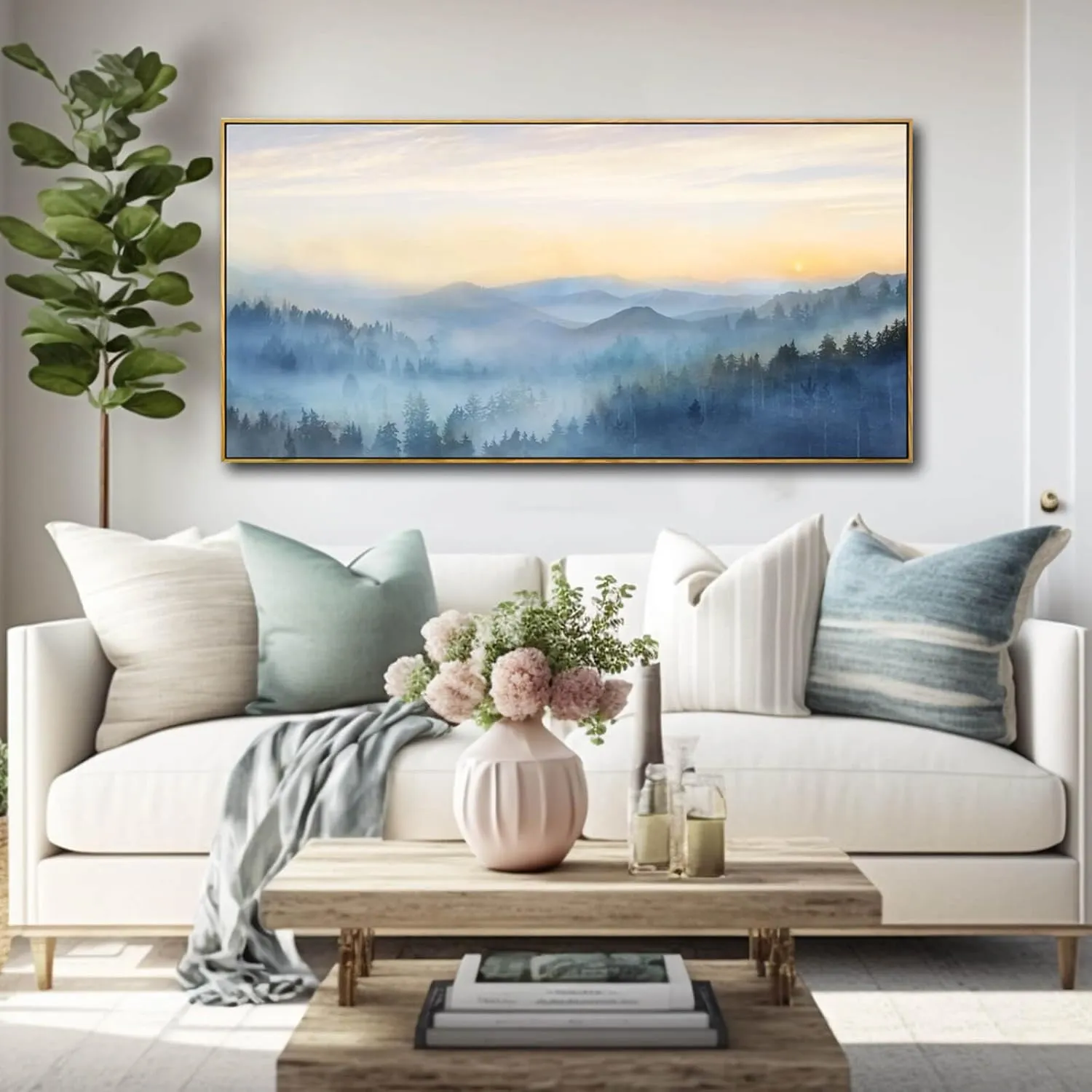 YJYart Canvas Wall Art Misty Forest Gold Wall Decor Nature Painting Modern Artwork for Bedroom Kitchen Office Wall Decorations 24x48 Inch