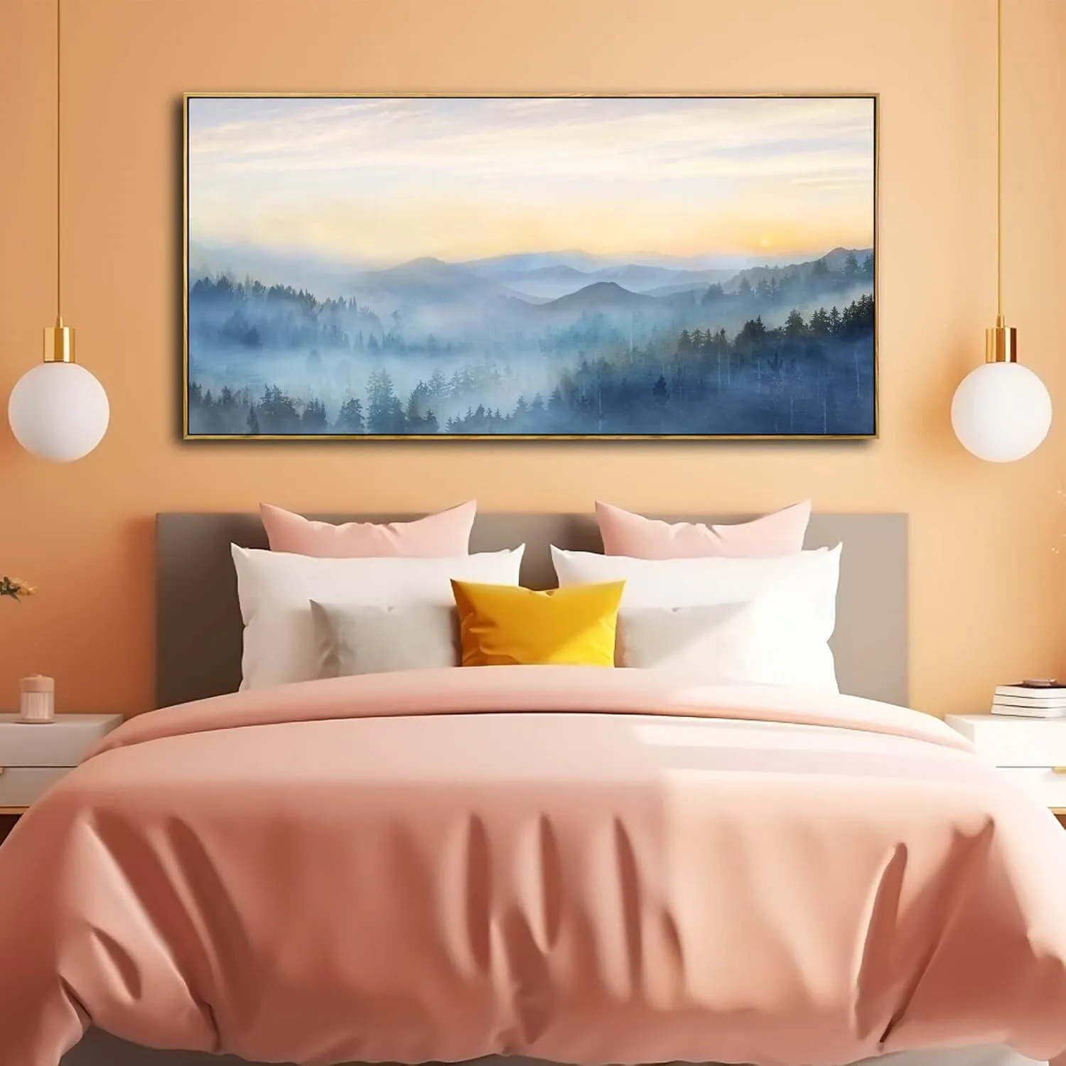 YJYart Canvas Wall Art Misty Forest Gold Wall Decor Nature Painting Modern Artwork for Bedroom Kitchen Office Wall Decorations 24x48 Inch