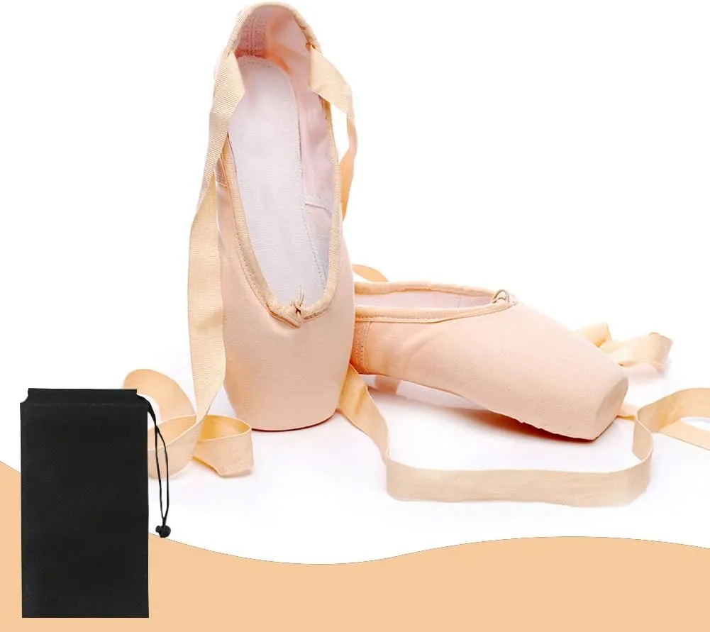 YKXLM Ballet Point Shoes for Girls Professional Satin/Canvas Ballet Slipper Dance Shoe for Girls and Women Practice Ballet Pointe Shoes WIith Ribbon and Toe Pads,Model TJ-ZJBL