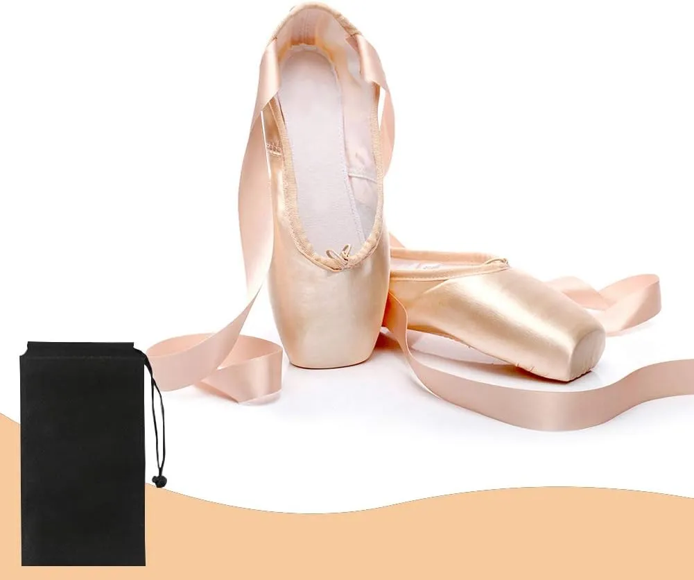 YKXLM Ballet Point Shoes for Girls Professional Satin/Canvas Ballet Slipper Dance Shoe for Girls and Women Practice Ballet Pointe Shoes WIith Ribbon and Toe Pads,Model TJ-ZJBL