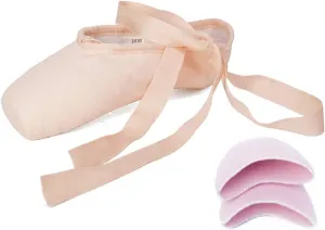 YKXLM Ballet Point Shoes for Girls Professional Satin/Canvas Ballet Slipper Dance Shoe for Girls and Women Practice Ballet Pointe Shoes WIith Ribbon and Toe Pads,Model TJ-ZJBL