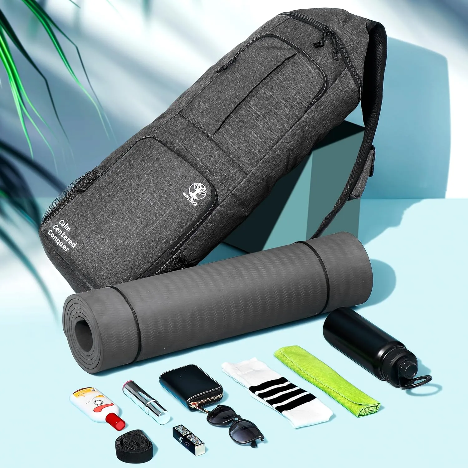 Yoga Mat Bag Carrier - Large Pockets & Water Bottle Holders. Yoga Backpack Fits 0.5" Thick x 26" Wide Mats. Hands-Free, Left-Right Switchable, Yoga, Gym, Cycling