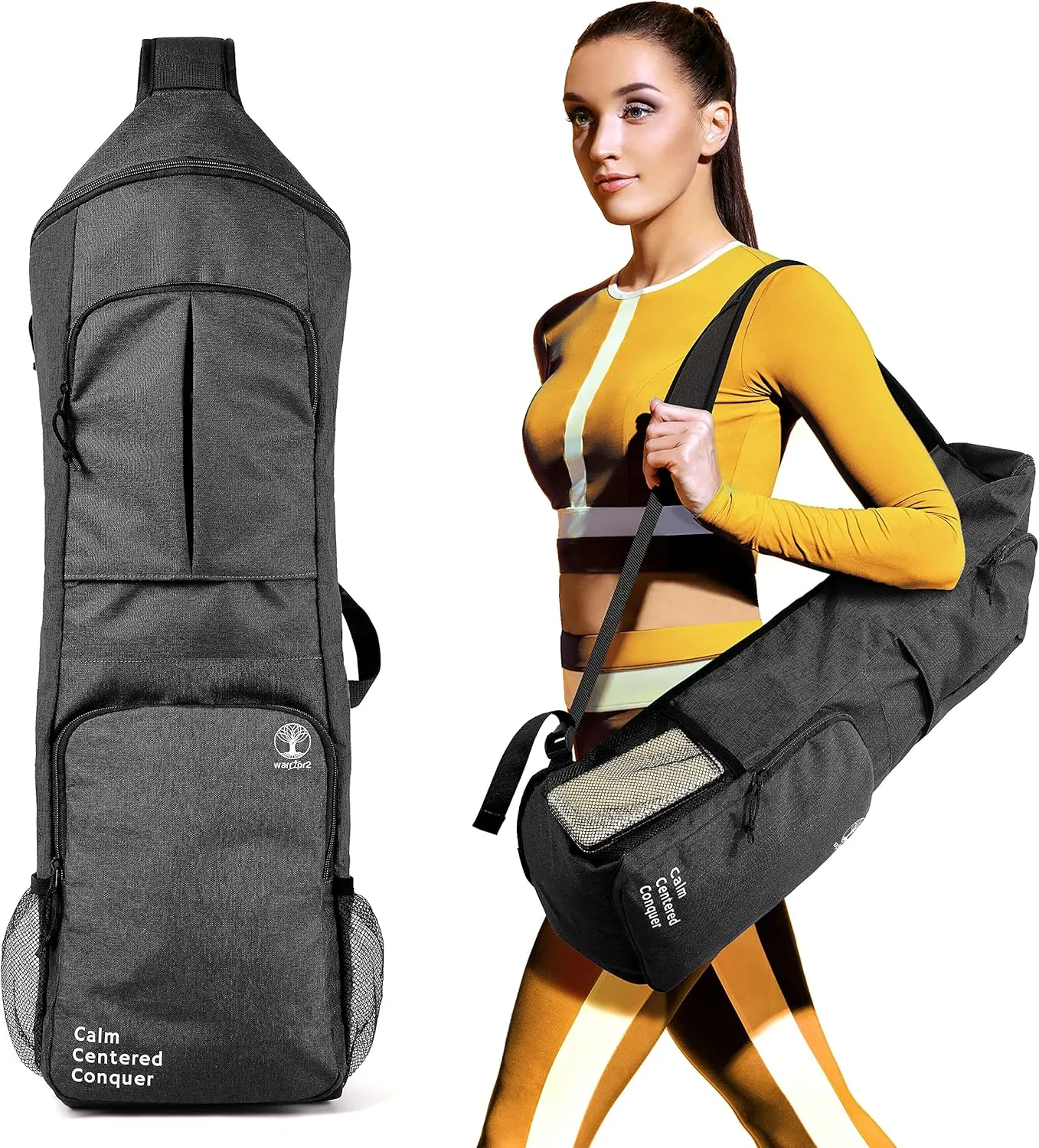 Yoga Mat Bag Carrier - Large Pockets & Water Bottle Holders. Yoga Backpack Fits 0.5" Thick x 26" Wide Mats. Hands-Free, Left-Right Switchable, Yoga, Gym, Cycling