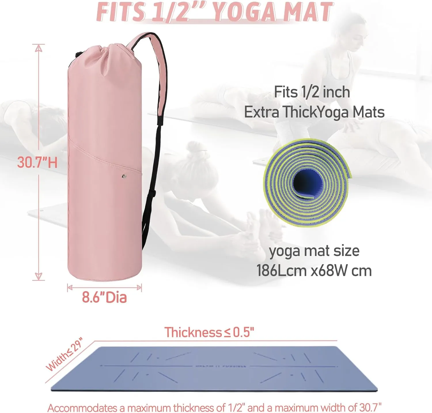 Yoga Mat Bag with Multi-Functional Storage Pockets, Waterproof Yoga Mat Carrying Bag with Adjustable Strap & Yoga mat storage cord, Fits Gym, Class, Beach Park, Travel