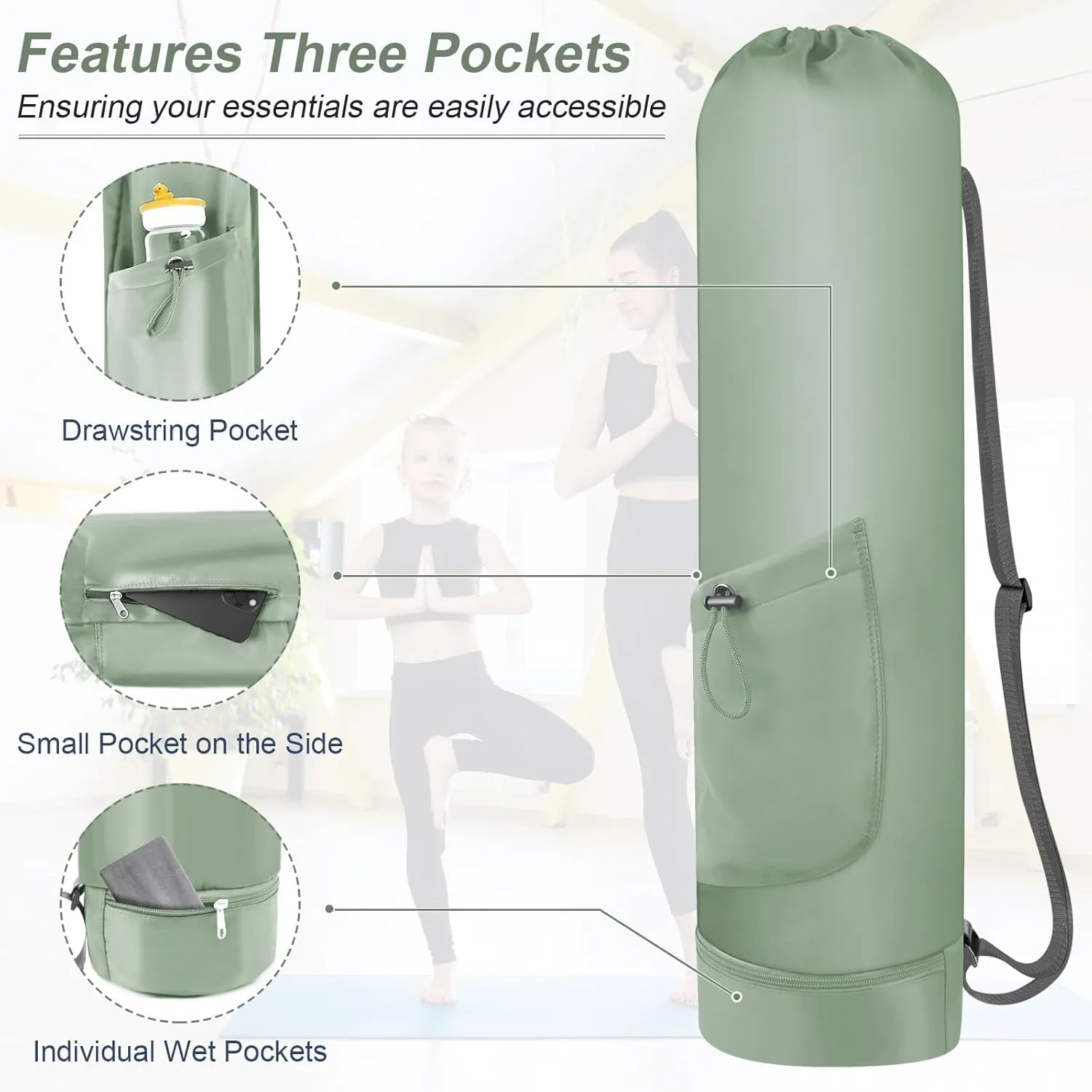 Yoga Mat Bag with Water Bottle, Full Zip Yoga Mat Carrier with Adjustable Strap and Pocket, Waterproof for Women and Men