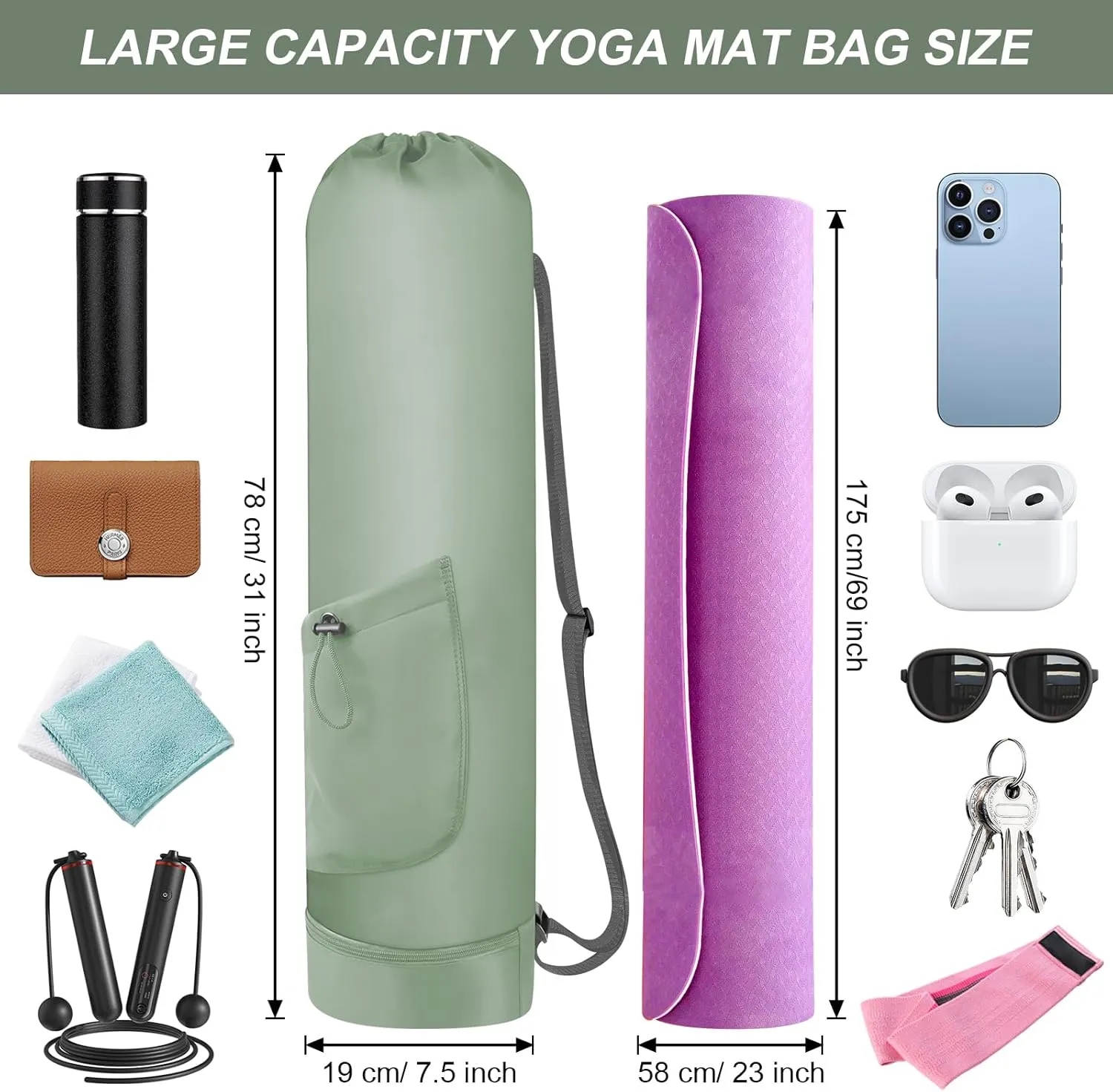Yoga Mat Bag with Water Bottle, Full Zip Yoga Mat Carrier with Adjustable Strap and Pocket, Waterproof for Women and Men