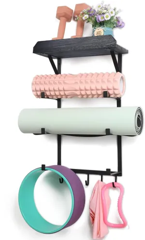 Yoga Mat Holder Wall Mount,17" x 28" Yoga Mat Rack Home Gym Accessories, Storage for Foam Roller, with Wood Floating Shelves for Hanging Yoga Strap and Resistance Bands