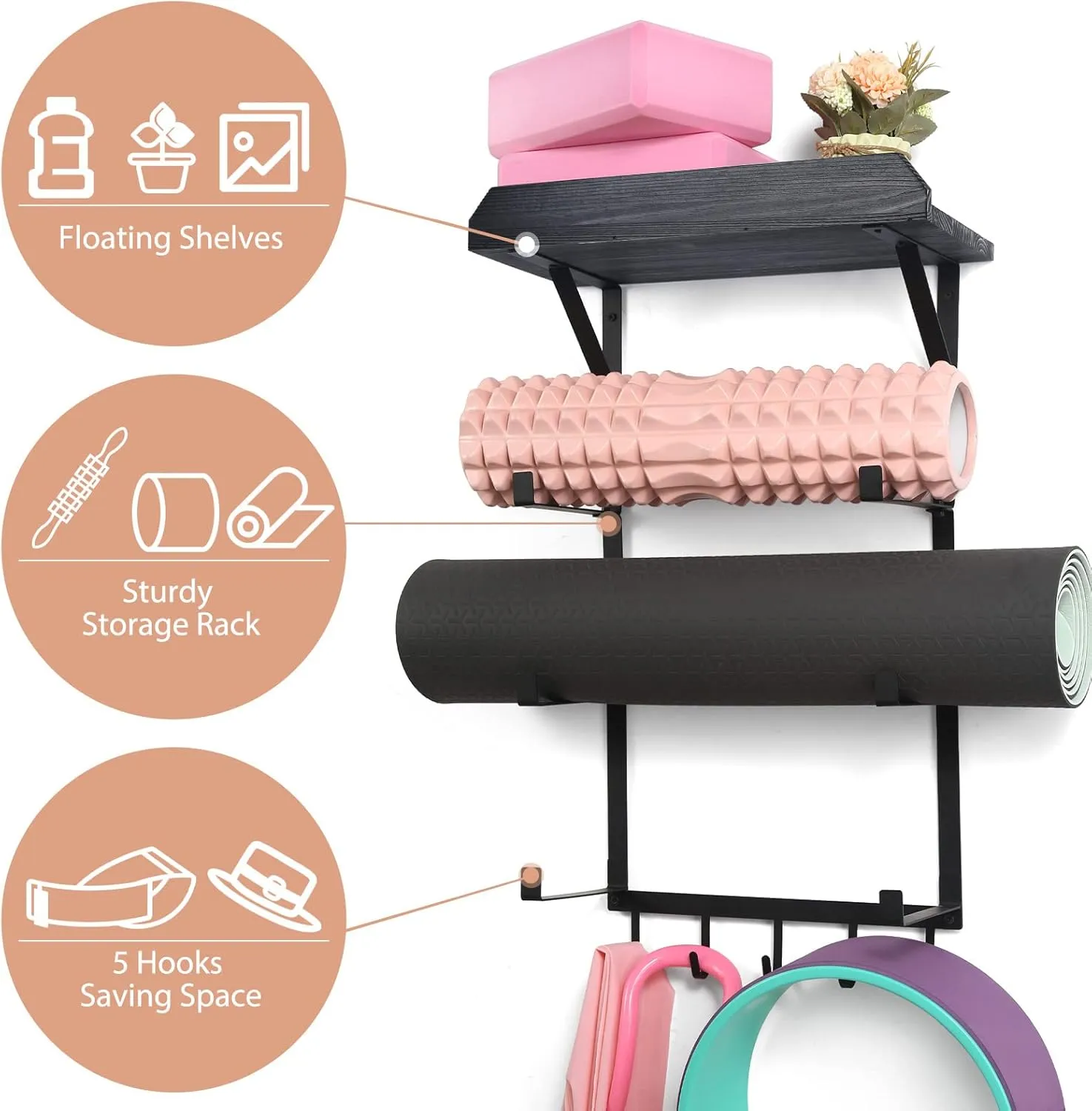 Yoga Mat Holder Wall Mount,17" x 28" Yoga Mat Rack Home Gym Accessories, Storage for Foam Roller, with Wood Floating Shelves for Hanging Yoga Strap and Resistance Bands
