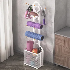 Yoga Mat Storage Rack, 4 Tier Dumbbell Rack with Hooks, Multifunctional Home Gym Storage Rack for Dumbbells Yoga Mats Foam Rollers Kettlebells, White