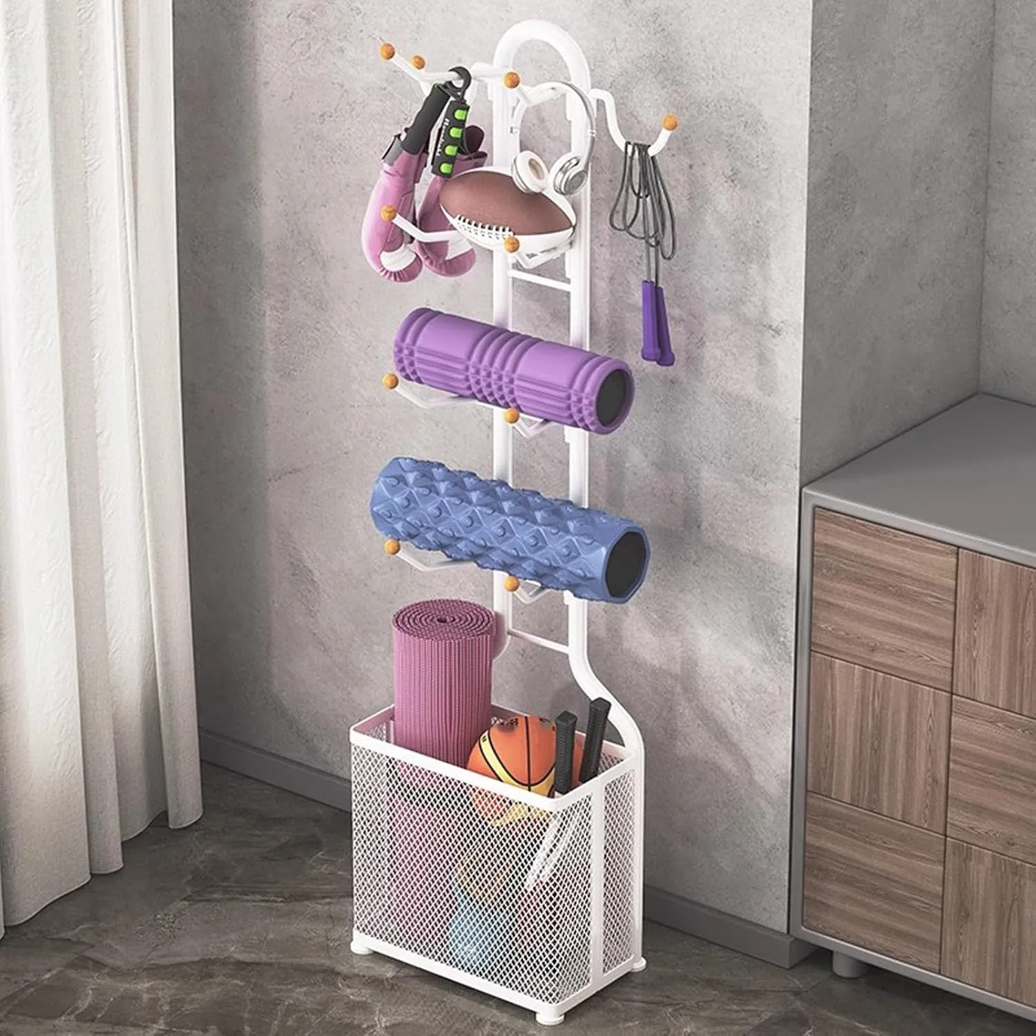 Yoga Mat Storage Rack, 4 Tier Dumbbell Rack with Hooks, Multifunctional Home Gym Storage Rack for Dumbbells Yoga Mats Foam Rollers Kettlebells, White
