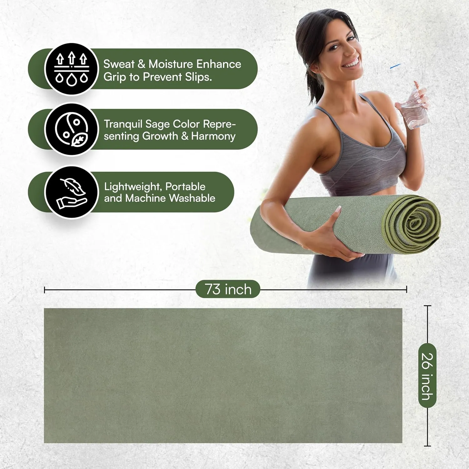 Yoga Mat Towel - Double Sided Microfiber Yoga Towel - Sweat Absorbent Non Slip Hot Yoga Towel - Lightweight, Quick Drying Pilates and Bikram Sweat Towel - 73''L x 26''W, Sage