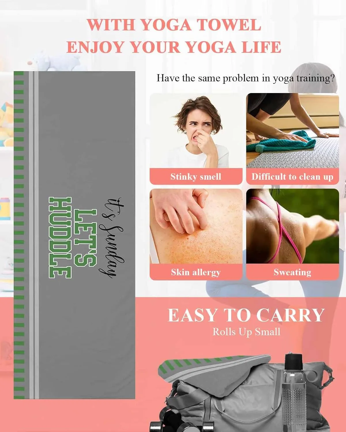 Yoga Towel with Corner Pockets It's Sunday Let's Huddle Gray Background Sweat Absorbent Lightweight Hot Yoga Towels 26"x74" Soft Yoga Blanket for Gym Fitness Workout