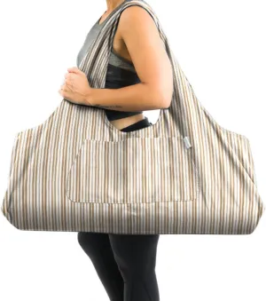 Yogiii Yoga Mat Bag | The ORIGINAL YogiiiTotePRO | Large Yoga Mat Bag or Yoga Mat Carrier with Side Pocket | Yoga Bag Fits Most Size Mats (Striped Latte Beige)