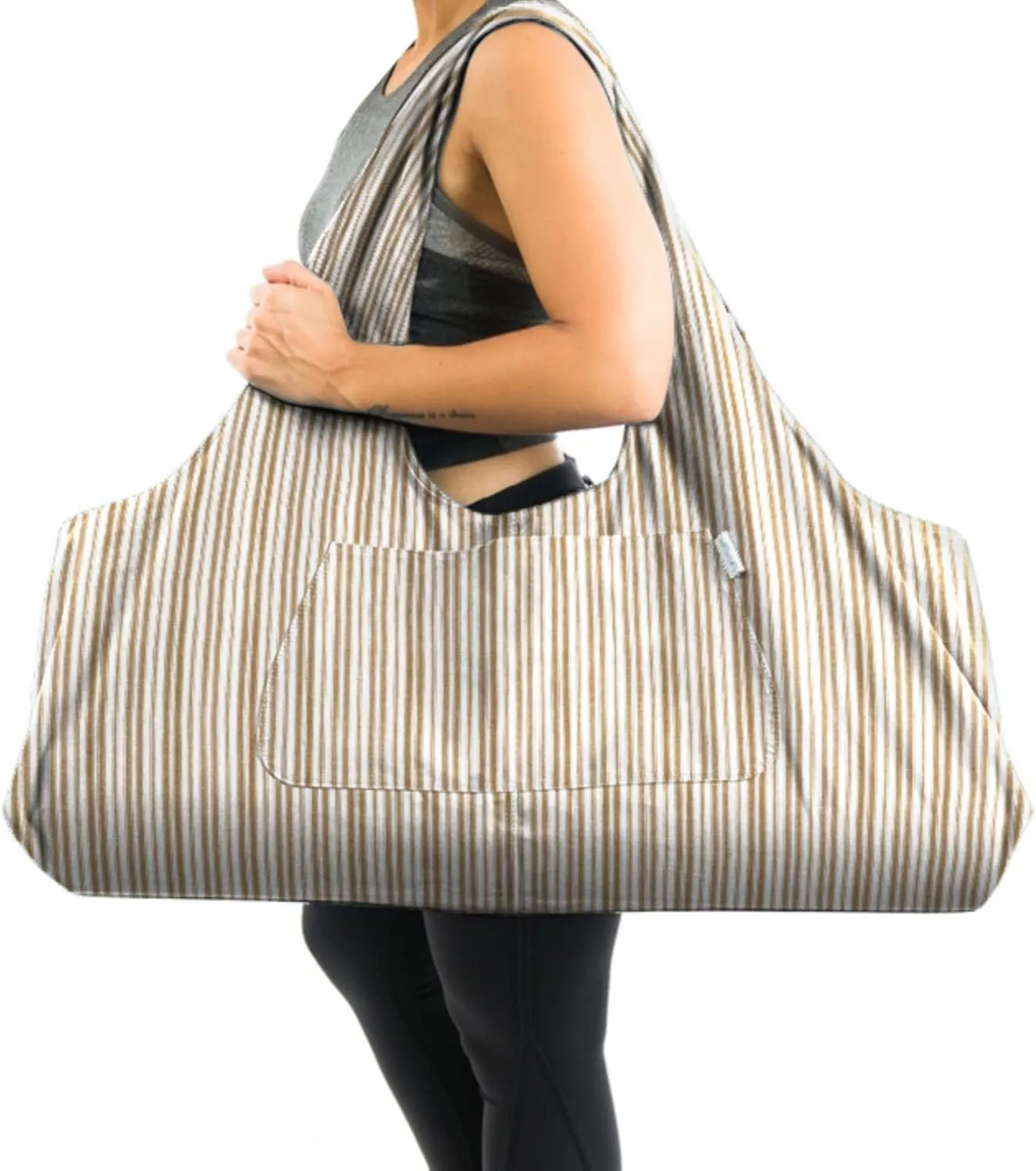 Yogiii Yoga Mat Bag | The ORIGINAL YogiiiTotePRO | Large Yoga Mat Bag or Yoga Mat Carrier with Side Pocket | Yoga Bag Fits Most Size Mats (Striped Latte Beige)