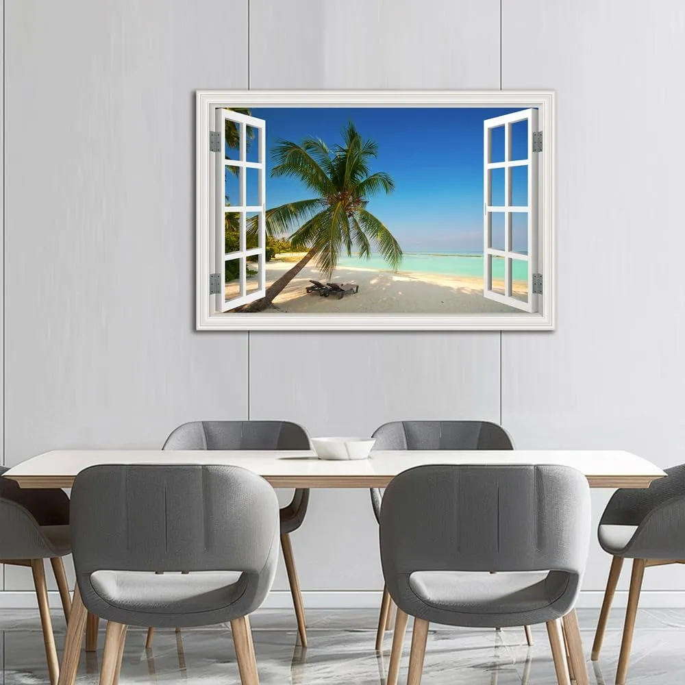 YRYWAWA Ocean Canvas Wall Art Decor Beach Pictures for Wall Fake Window Frame Style Palm Tree Seascape Painting Art Print for Living Room Bedroom Bathroom Home Office Decorations24x36inch