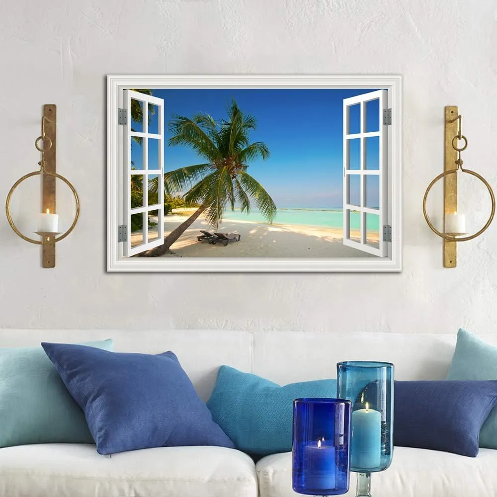 YRYWAWA Ocean Canvas Wall Art Decor Beach Pictures for Wall Fake Window Frame Style Palm Tree Seascape Painting Art Print for Living Room Bedroom Bathroom Home Office Decorations24x36inch