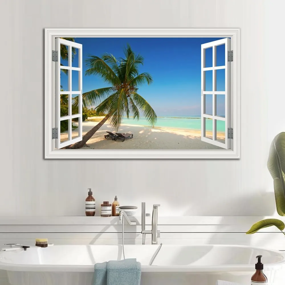 YRYWAWA Ocean Canvas Wall Art Decor Beach Pictures for Wall Fake Window Frame Style Palm Tree Seascape Painting Art Print for Living Room Bedroom Bathroom Home Office Decorations24x36inch