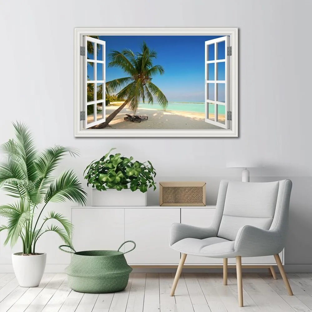 YRYWAWA Ocean Canvas Wall Art Decor Beach Pictures for Wall Fake Window Frame Style Palm Tree Seascape Painting Art Print for Living Room Bedroom Bathroom Home Office Decorations24x36inch