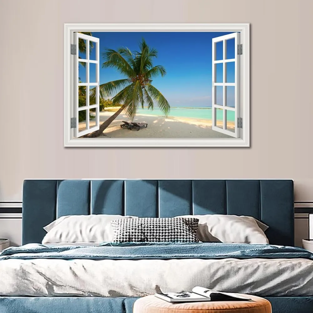YRYWAWA Ocean Canvas Wall Art Decor Beach Pictures for Wall Fake Window Frame Style Palm Tree Seascape Painting Art Print for Living Room Bedroom Bathroom Home Office Decorations24x36inch
