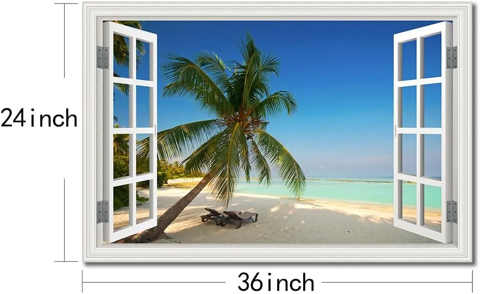 YRYWAWA Ocean Canvas Wall Art Decor Beach Pictures for Wall Fake Window Frame Style Palm Tree Seascape Painting Art Print for Living Room Bedroom Bathroom Home Office Decorations24x36inch