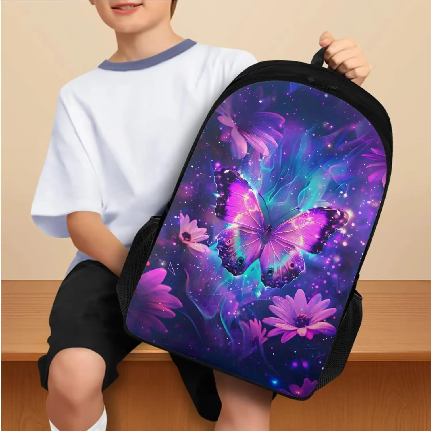 Ystardream 4 In 1 Bright Butterfly Backpack with Lunch Box Elementary School Bags for Girls 7-10 Middle High School Book Bag with Pencil Case Little Kids Primary Daypack Satchel Rucksack,Wear Ristance