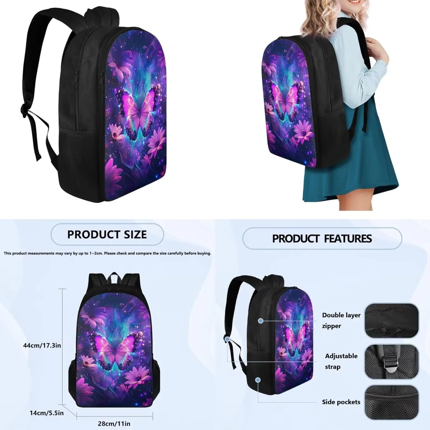 Ystardream 4 In 1 Bright Butterfly Backpack with Lunch Box Elementary School Bags for Girls 7-10 Middle High School Book Bag with Pencil Case Little Kids Primary Daypack Satchel Rucksack,Wear Ristance