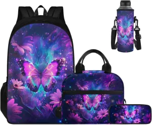 Ystardream 4 In 1 Bright Butterfly Backpack with Lunch Box Elementary School Bags for Girls 7-10 Middle High School Book Bag with Pencil Case Little Kids Primary Daypack Satchel Rucksack,Wear Ristance