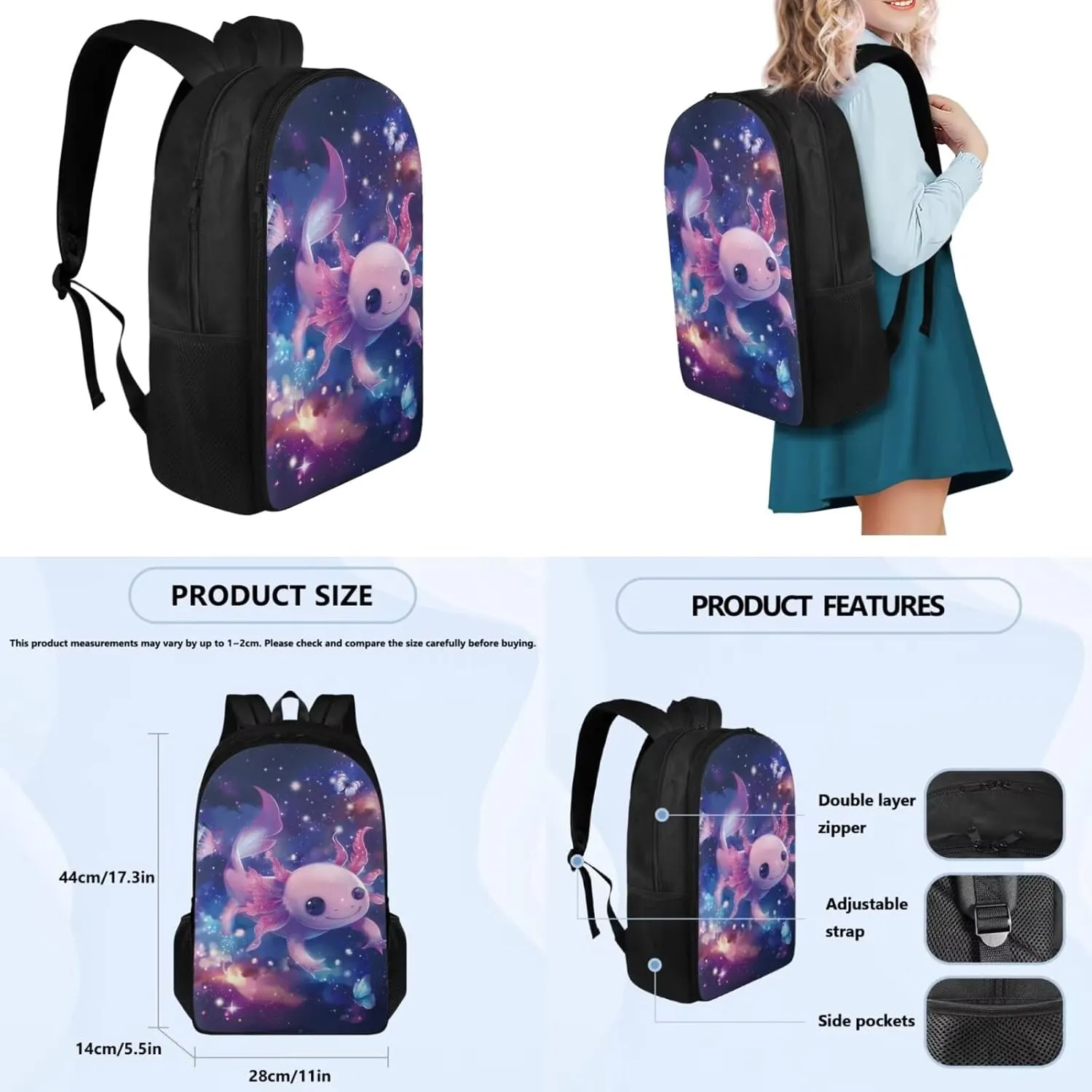 Ystardream 5th Grade Bookbag Girls Backpack And Lunch Box Set Kids Galaxy Axolotl Backpack Purse for Women Elementary School Bookbag with Pencil Case Rucksack for Teens Child Back To School