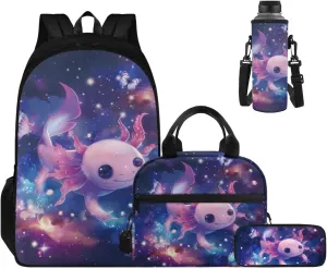 Ystardream 5th Grade Bookbag Girls Backpack And Lunch Box Set Kids Galaxy Axolotl Backpack Purse for Women Elementary School Bookbag with Pencil Case Rucksack for Teens Child Back To School