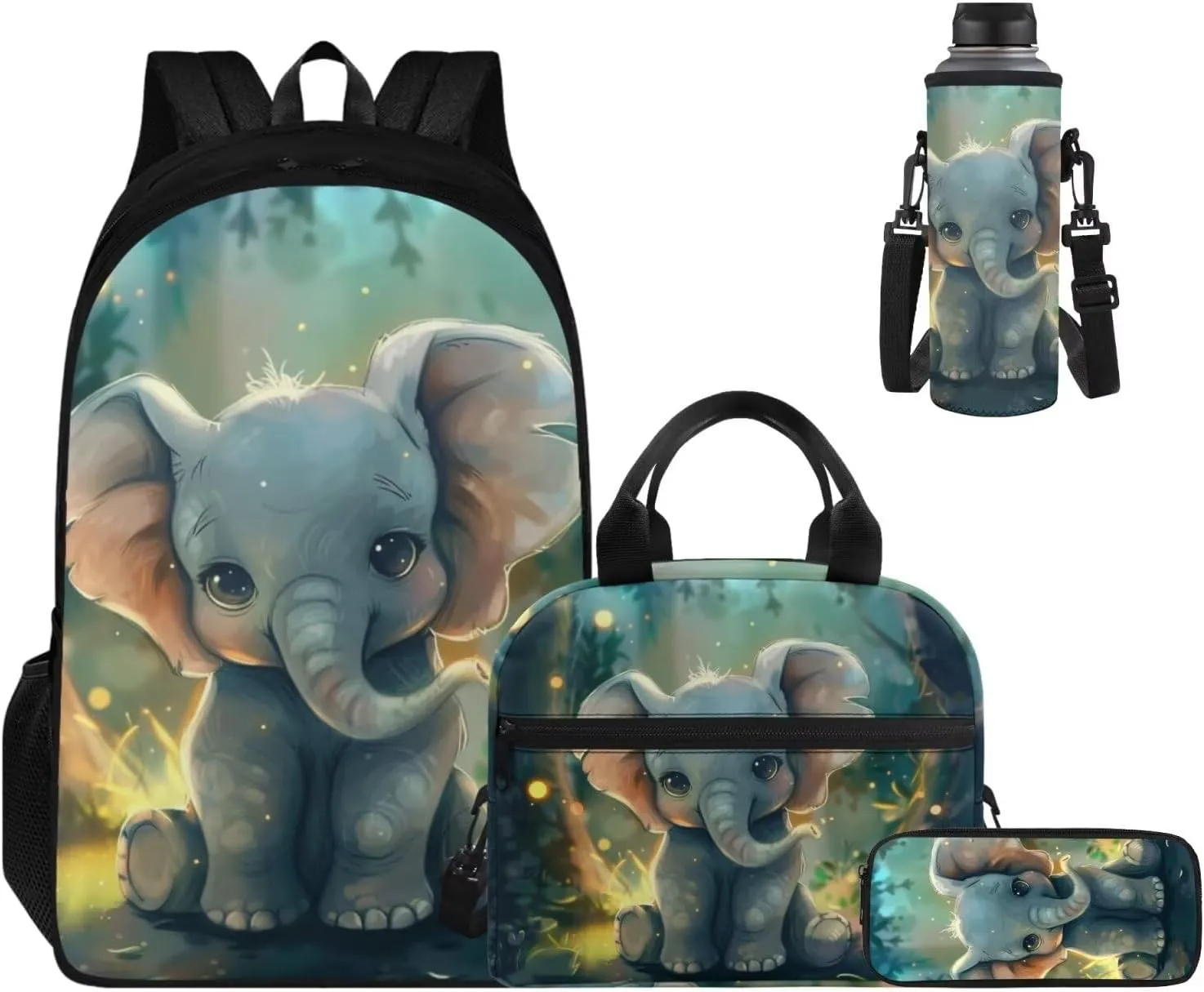 Ystardream Baby Elephant Backpack for School Girls Bookbag With Lunch Box 4 Piece Backpack Set for Teens Children Elementary Middle School Student,Waterproof Bookbags for Camping & Travel Use