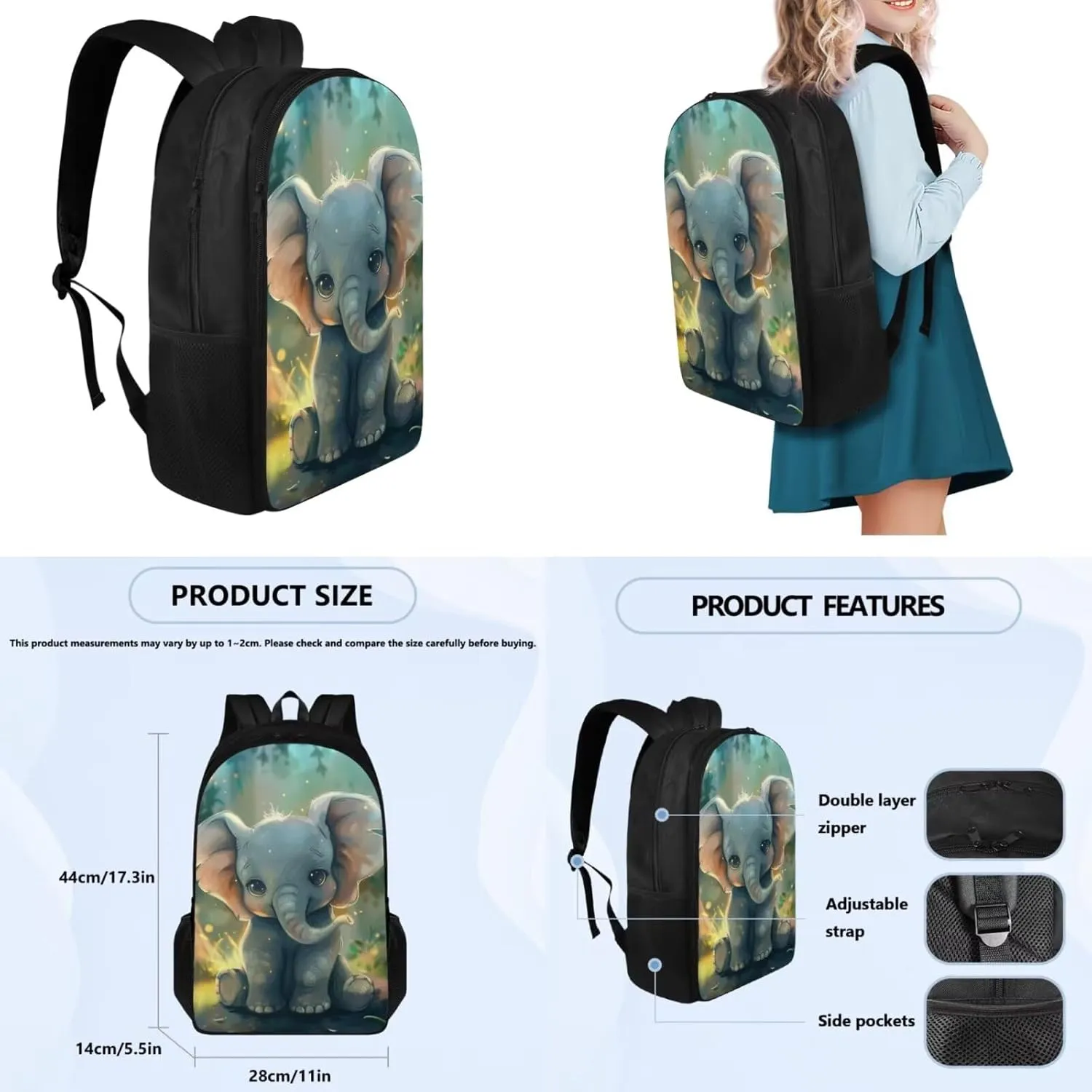 Ystardream Baby Elephant Backpack for School Girls Bookbag With Lunch Box 4 Piece Backpack Set for Teens Children Elementary Middle School Student,Waterproof Bookbags for Camping & Travel Use