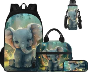 Ystardream Baby Elephant Backpack for School Girls Bookbag With Lunch Box 4 Piece Backpack Set for Teens Children Elementary Middle School Student,Waterproof Bookbags for Camping & Travel Use