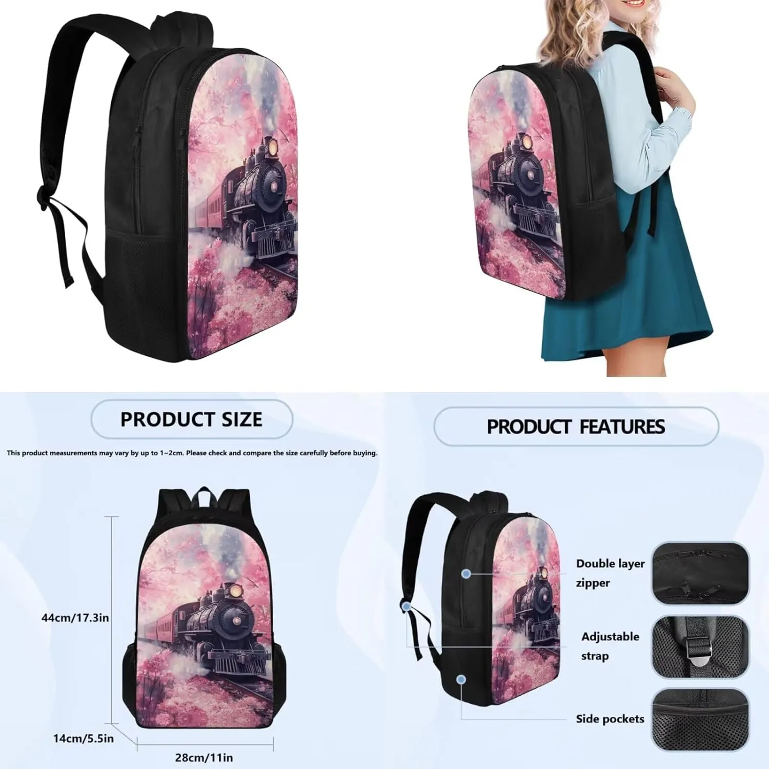Ystardream Cherry Blossom Train Backpack and Lunch Bag Set for Girls Elementary School Backpack Set Large Capacity Kids Primary Bookbags for Children Water Resistant with Water Bottle Sleeve
