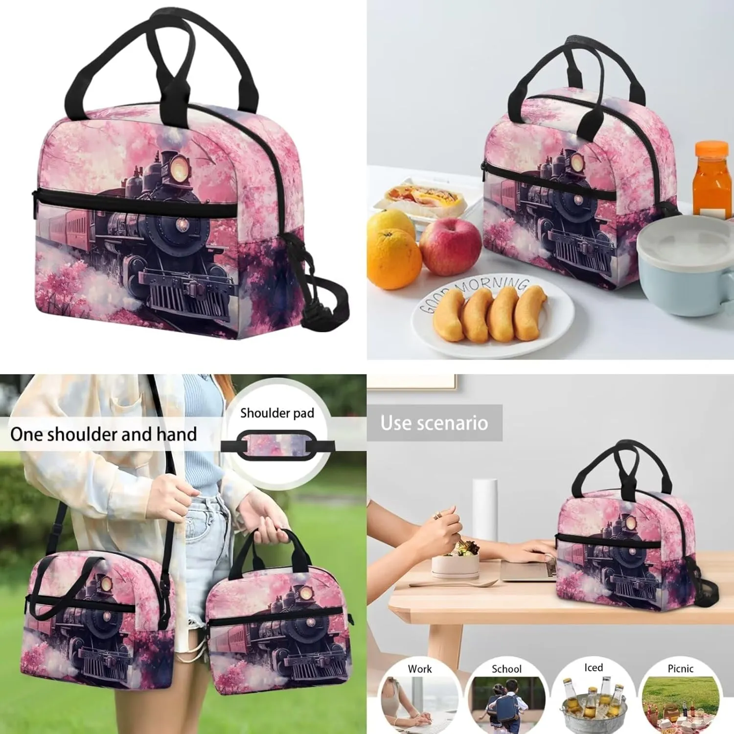Ystardream Cherry Blossom Train Backpack and Lunch Bag Set for Girls Elementary School Backpack Set Large Capacity Kids Primary Bookbags for Children Water Resistant with Water Bottle Sleeve