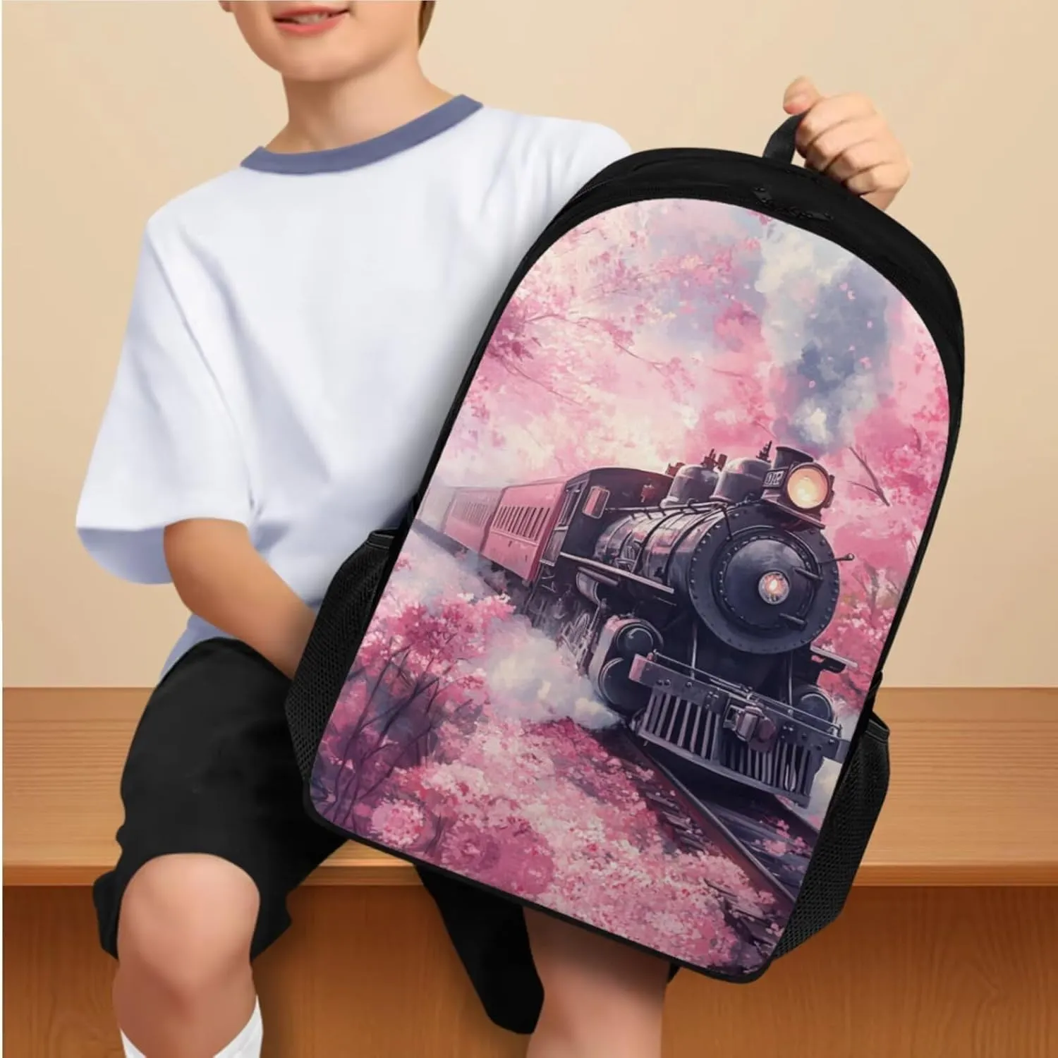 Ystardream Cherry Blossom Train Backpack and Lunch Bag Set for Girls Elementary School Backpack Set Large Capacity Kids Primary Bookbags for Children Water Resistant with Water Bottle Sleeve