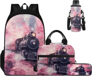Ystardream Cherry Blossom Train Backpack and Lunch Bag Set for Girls Elementary School Backpack Set Large Capacity Kids Primary Bookbags for Children Water Resistant with Water Bottle Sleeve