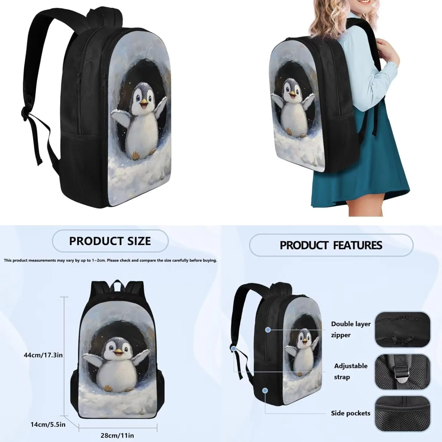 Ystardream Girls School Backpack with Lunch Box Set 3D Penguin Cartoon Book Bag Lightweight & Multiple Pockets Design Ergonomic Back Support for Active Student Back to School Essentials