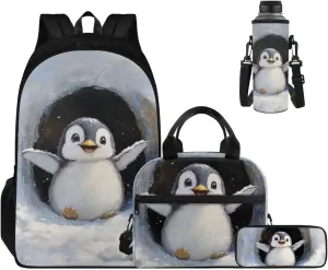 Ystardream Girls School Backpack with Lunch Box Set 3D Penguin Cartoon Book Bag Lightweight & Multiple Pockets Design Ergonomic Back Support for Active Student Back to School Essentials