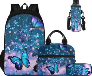Ystardream Kids Backpack and Lunch Box Set Blue Butterfly 6Th Grade Backpack for Girls Multiple Pockets Bookbags with Pencil Case Water Bottle Sleeve for Children Teens Back to School Gift