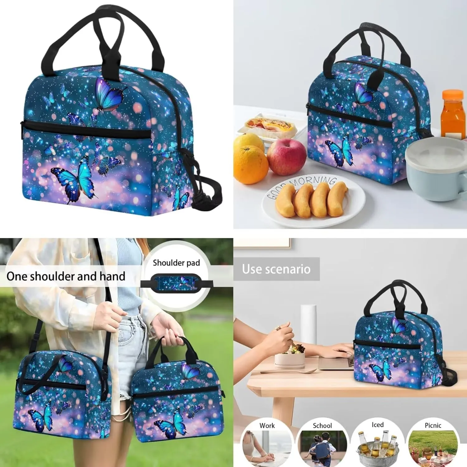 Ystardream Kids Backpack and Lunch Box Set Blue Butterfly 6Th Grade Backpack for Girls Multiple Pockets Bookbags with Pencil Case Water Bottle Sleeve for Children Teens Back to School Gift