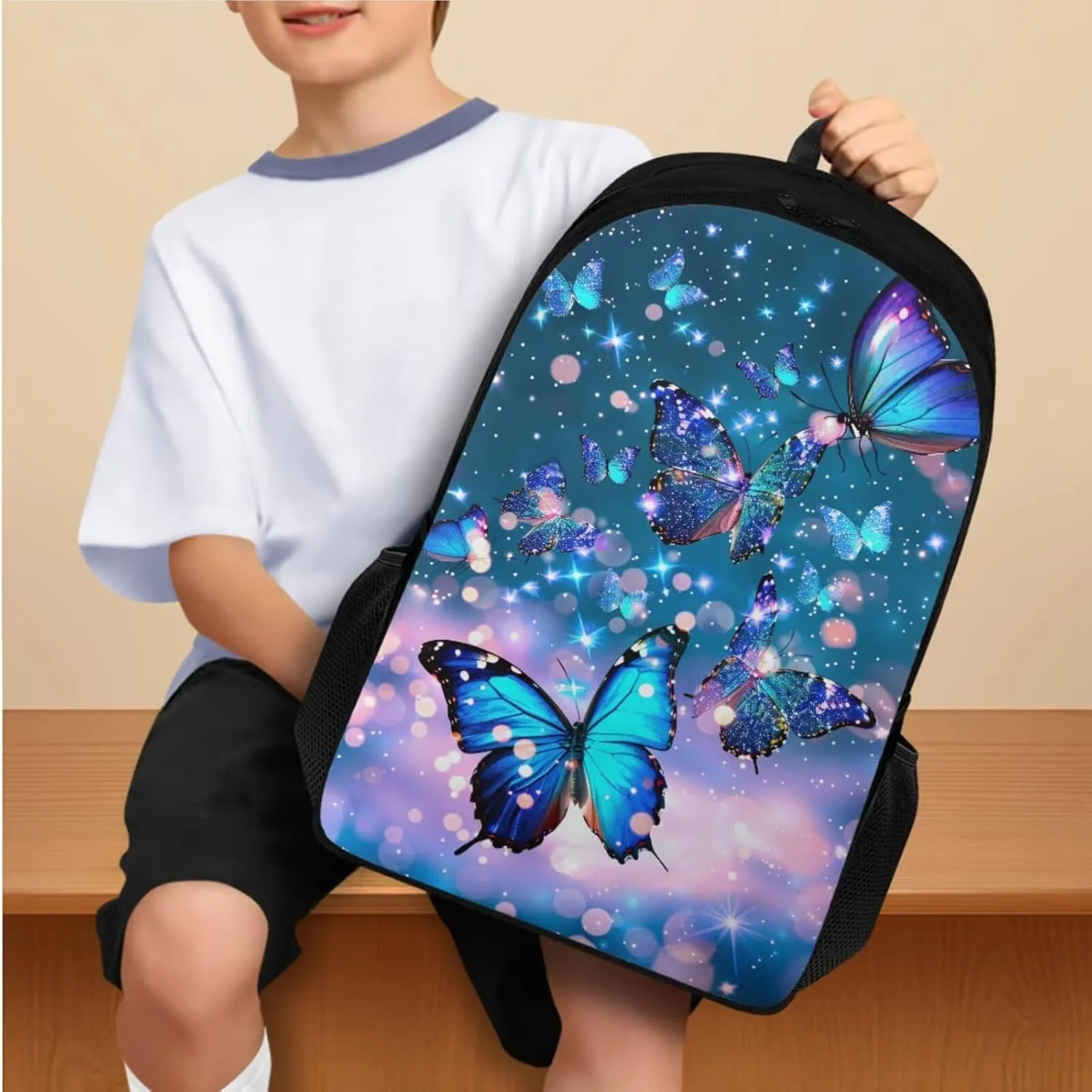Ystardream Kids Backpack and Lunch Box Set Blue Butterfly 6Th Grade Backpack for Girls Multiple Pockets Bookbags with Pencil Case Water Bottle Sleeve for Children Teens Back to School Gift