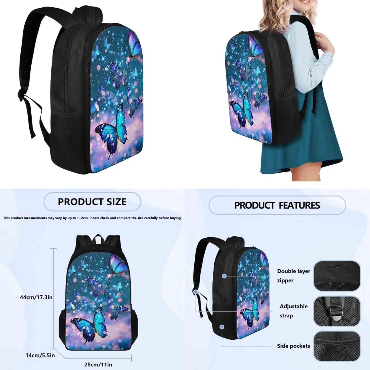 Ystardream Kids Backpack and Lunch Box Set Blue Butterfly 6Th Grade Backpack for Girls Multiple Pockets Bookbags with Pencil Case Water Bottle Sleeve for Children Teens Back to School Gift