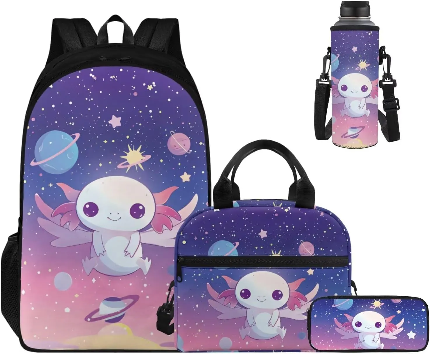 Ystardream Starry Sky Axolotl Middle School Backpack for Boys 17 Inch Cute School Bag with Lunch Bag Set Elementary Back to School Supplies with Pencil Case & Water Bottle Sleeve 4 in 1Set