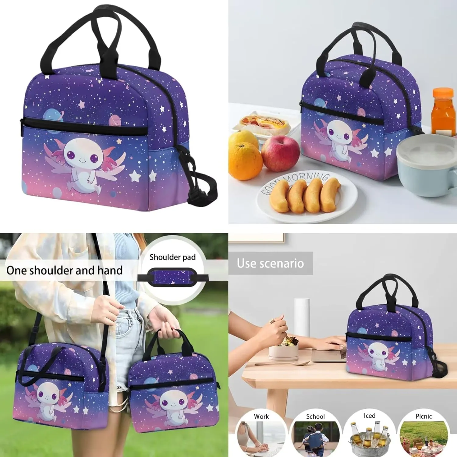 Ystardream Starry Sky Axolotl Middle School Backpack for Boys 17 Inch Cute School Bag with Lunch Bag Set Elementary Back to School Supplies with Pencil Case & Water Bottle Sleeve 4 in 1Set