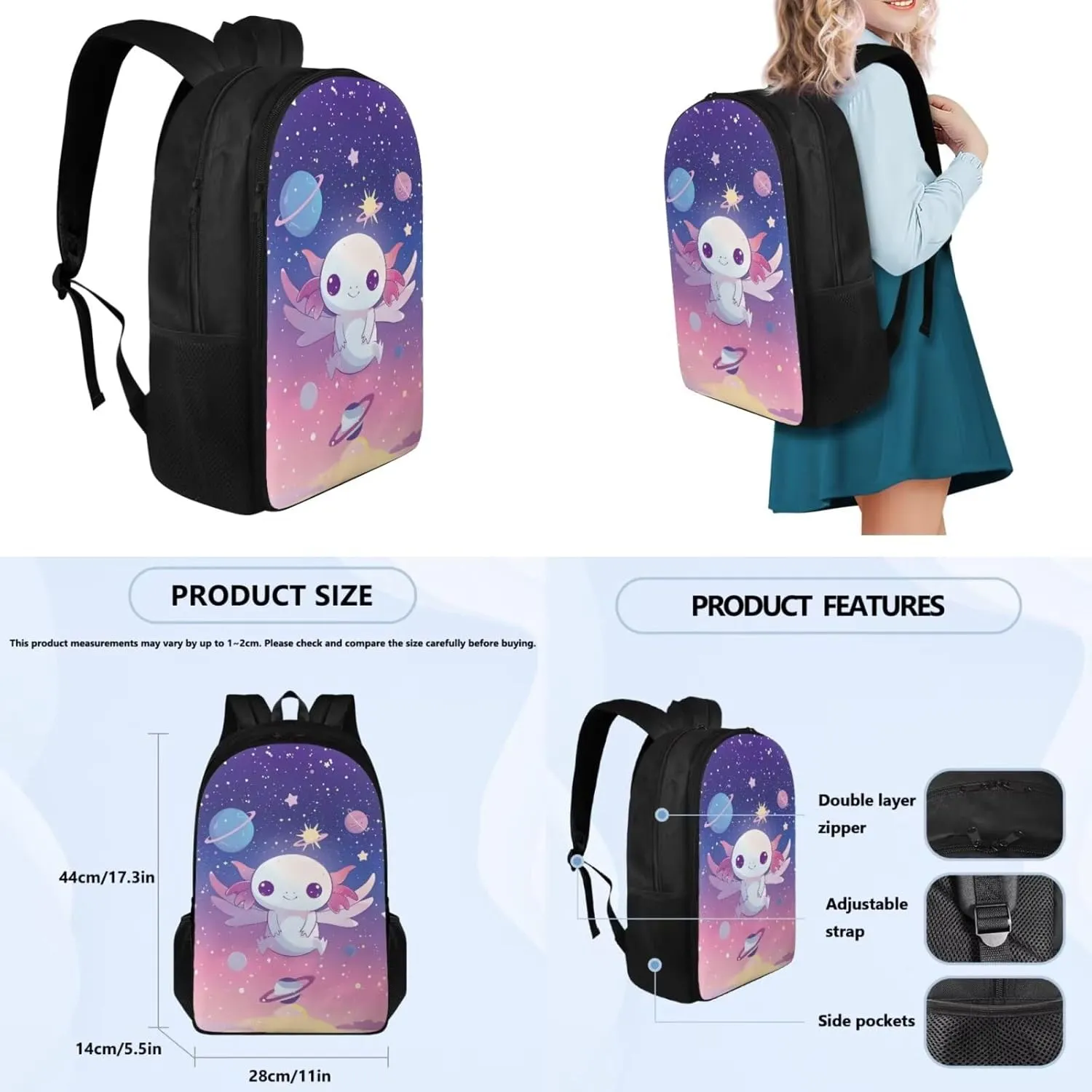 Ystardream Starry Sky Axolotl Middle School Backpack for Boys 17 Inch Cute School Bag with Lunch Bag Set Elementary Back to School Supplies with Pencil Case & Water Bottle Sleeve 4 in 1Set