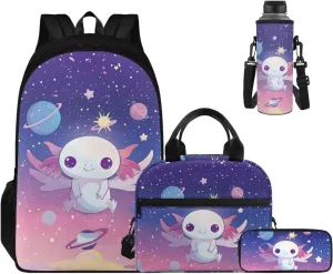 Ystardream Starry Sky Axolotl Middle School Backpack for Boys 17 Inch Cute School Bag with Lunch Bag Set Elementary Back to School Supplies with Pencil Case & Water Bottle Sleeve 4 in 1Set