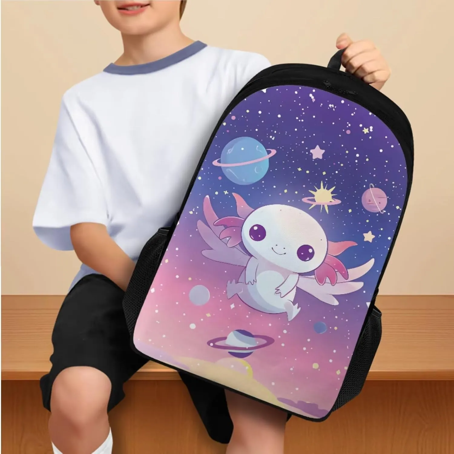 Ystardream Starry Sky Axolotl Middle School Backpack for Boys 17 Inch Cute School Bag with Lunch Bag Set Elementary Back to School Supplies with Pencil Case & Water Bottle Sleeve 4 in 1Set