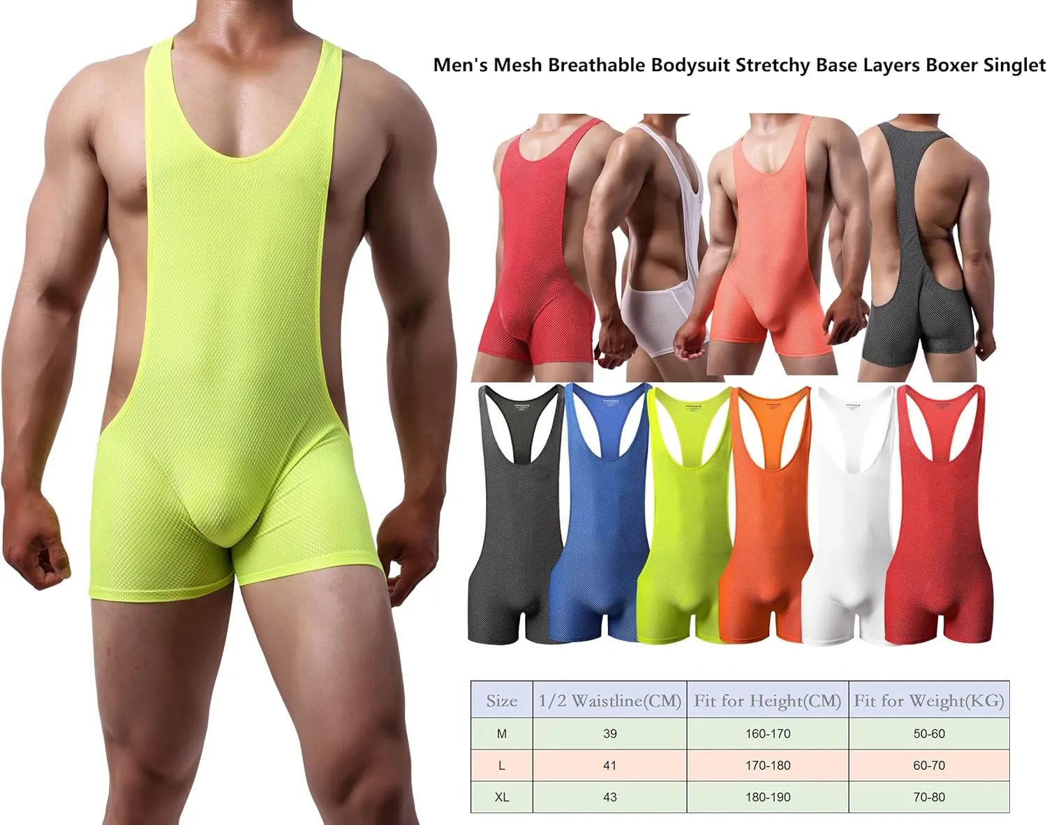 YUFEIDA Men's Athletic Supporters Mesh Breathable Bodysuit Wrestling Leotard Stretchy Base Layers Boxer Singlet